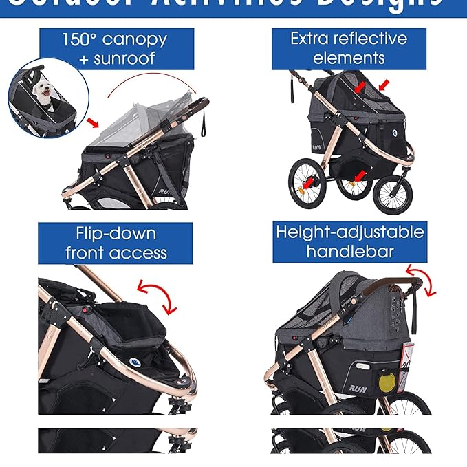 HPZ Pet Rover Run Performance Jogging Sports Stroller with Comfort Rubber Wheels/Zipper-Less Entry/1-Hand Quick Fold/Aluminum Frame for Small/Medium Dogs, Cats and Pets (Black)