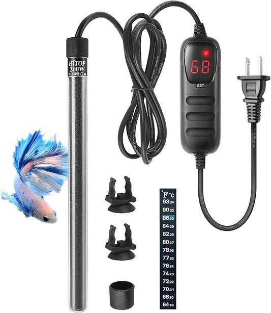 HITOP Mini Submersible Aquarium Heater - 200W Digital Heater for Fish Tank Turtle Tank 25-50 Gallon，Saltwater and Fresh Water with Temperature Controller