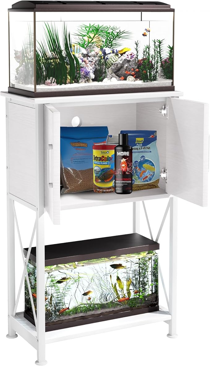 5-10 Gallon Fish Tank Stand, Metal Double Aquarium Stand with Cabinet for Fish Tank Accessories Storage, Heavy Duty 20.5" L* 11.02" W Tabletop, 500LBS Capacity White PG06YGW