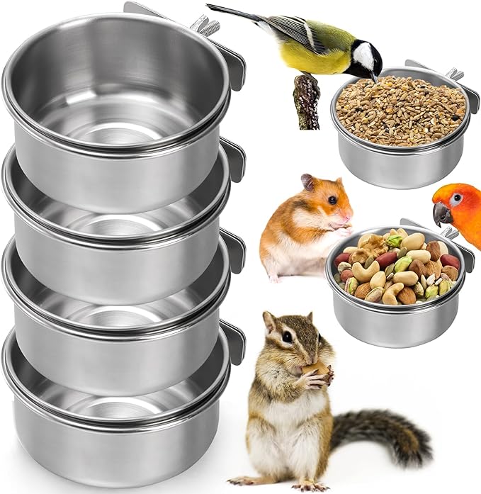 Okllen 4 Pack Bird Feeding Dish Cups, Detachable Stainless Steel Bird Food Bowls with Clamp, Bird Cage Feeder Hanging Pet Bowl for Chinchilla Parrot Cockatiel Conure Budgies Parakeet Small Animal