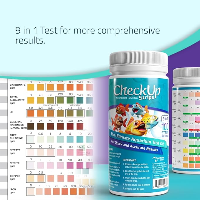 CheckUp Aquarium Test Strips | Test Kit for Freshwater, Saltwater, Pond, Fish Tank | 9 Parameters Test for Iron, Copper, Nitrite, Nitrate, Chlorine, Hardness, pH, Alkalinity and Carbonate | 100 Strips