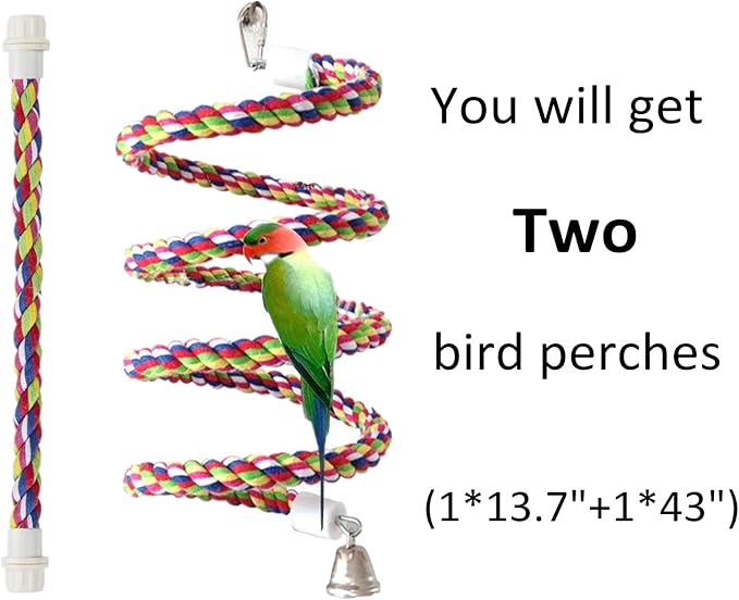 Bird Rope Perch Parakeet Toys, Spiral Bird Toy for Cockatiels, 43"&13.7" Bird Bungee Rope Perches Suitable Bird Cage Accessories