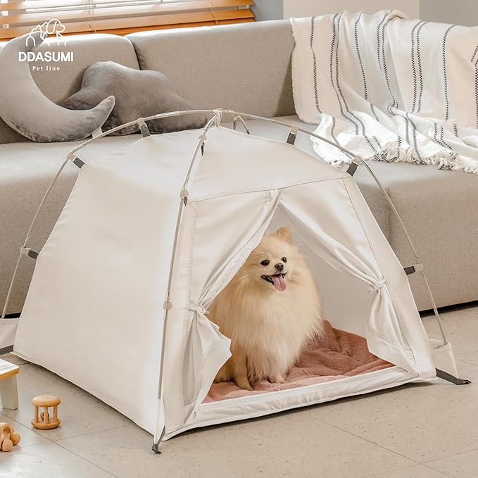 DDASUMMI Portable Pet Teepee Waterproof & Durable PE Floor Mat Dog & Cat House for Indoor/Outdoor, Camping Dog Tent Stable and Comfortable for Pets (Ivory, XL)