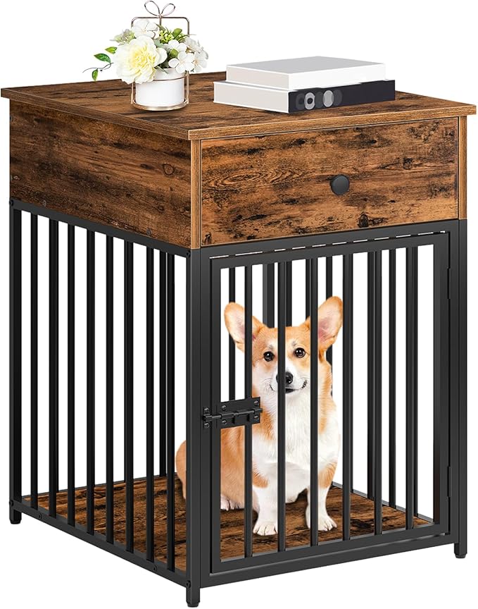 HOOBRO Dog Crate Furniture, Wooden Dog House, Decorative Dog Kennel with Drawer, Indoor Pet Crate End Table for Small Dog, Steel-Tube Dog Cage, Chew-Proof, Rustic Brown and Black BF01GW03