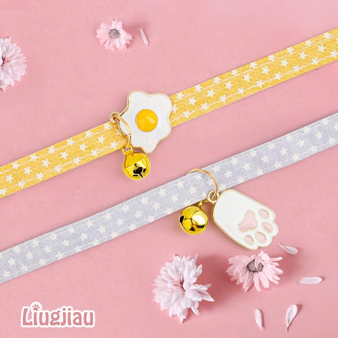 2 Pack Cotton Breakaway Cat Collars with Bell,Yellow & Purple Egg Cat Paw Pendant Cute Cat Collar Kitten Collar,Ideal for Girl Cats Boy Cats