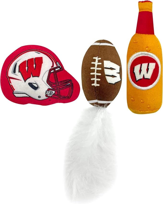 BEST PLUSH CAT TOY - NCAA WISCONSIN BADGERS Complete Set of 3 piece Cat Toys filled with Fresh Catnip. Includes: 1 Helmet Cat Toy, 1 Football Cat Toy with Feathers & 1 Beer Bottle. Beautiful Team LOGO