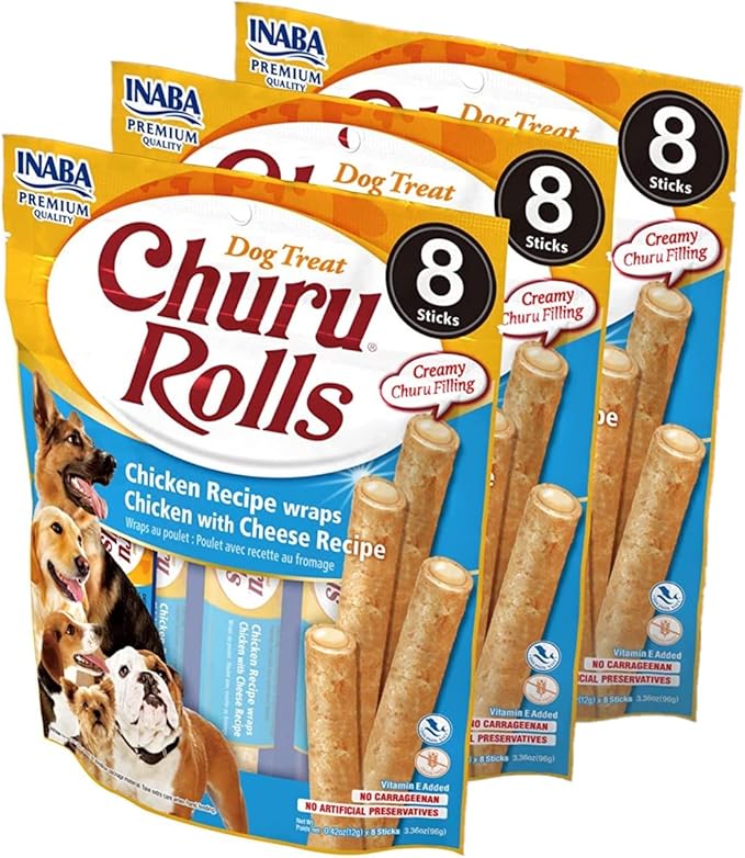 INABA Churu Rolls for Dogs, Grain-Free, Soft/Chewy Baked Chicken Wrapped Churu Filled Dog Treats, 0.42 Ounces Each Stick| 24 Stick Treats Total, Chicken with Cheese Recipe