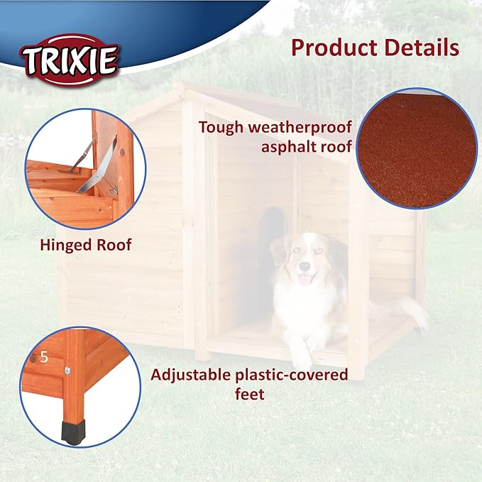 TRIXIE natura Lodge Dog House, Covered Porch, Hinged Roof, Adjustable Legs, Brown, Small