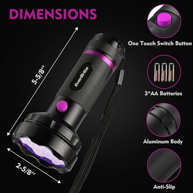 EverBrite UV Flashlight, 68 LED Blacklight Flashlights, 395nm Black Light Flashlight for Pet Urine Detection, Carpet, Scorpions and Bed Bug, Batteries Included