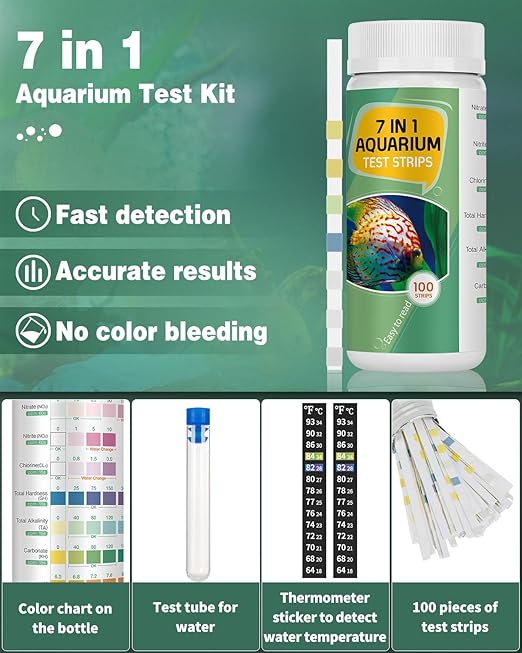 Pawfly 7 in 1 Aquarium Test Strips, 100 Strips Fish Tank Testing Strips for pH Chlorine Nitrate Nitrite Carbonate Hardness Total Alkalinity Water Quality Freshwater Saltwater Test Kit