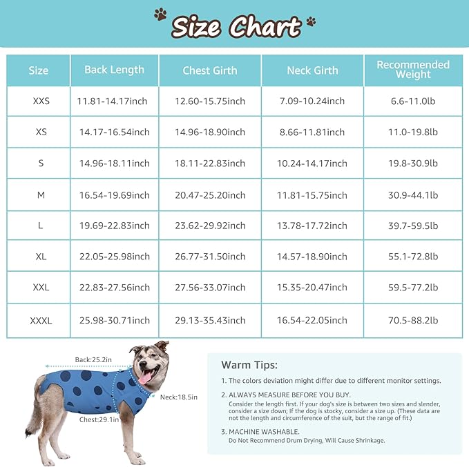 Dog Recovery Suit, Professional Dog Surgery Suit Post Spay, Neuter, Abdominal Surgical Suit for Male Female Dogs Can Pee, Prevent Licking Soft Breathable Cotton Covers Wound (Blue, XX-Large)