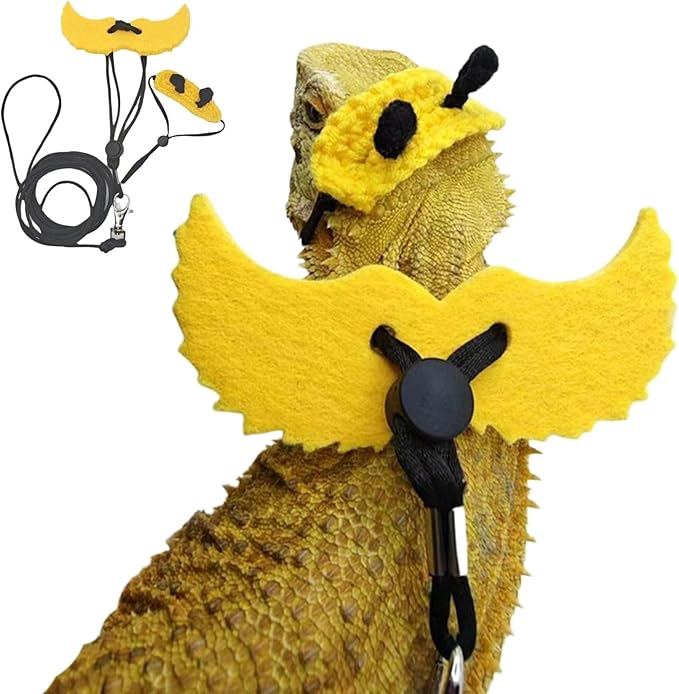 Bearded Dragon Harness and Leash Set - Adjustable Lizard Traction Rope with Wings Knitted Bee Hat Outdoor Walking Leash Escape Proof Reptile Bee Costume Accessories for Lizard Small Pets (Yellow)