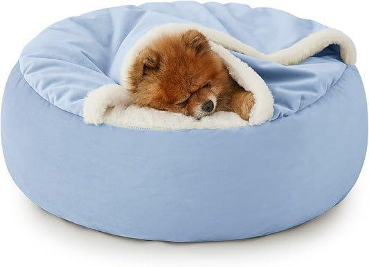 Lesure Small Dog Bed with Cover Cave - Covered Round Puppy Bed with Hooded Blanket, Machine Washable Burrow Pet Bed for Small Dogs and Cats, Cuddler Cozy Cave Dog Bed with Anti-Slip Bottom, Blue 23"