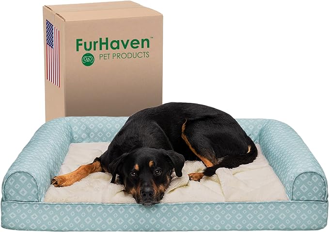 Furhaven Cozy Orthopedic Dog Bed for Large Dogs w/ Removable Bolsters & Washable Cover, For Dogs Up to 95 lbs - Plush & Diamond Print Nest Top Sofa - Aqua, Jumbo/XL