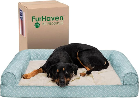 Furhaven Cozy Orthopedic Dog Bed for Large Dogs w/ Removable Bolsters & Washable Cover, For Dogs Up to 95 lbs - Plush & Diamond Print Nest Top Sofa - Aqua, Jumbo/XL