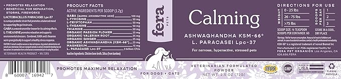 Fera Pets Calming Supplement for Dogs & Cats - Vet Created - GABA & Ashwagandha Supplements Help Cat & Dog Anxiety, Stress or Hyperactivity -60 Scoops