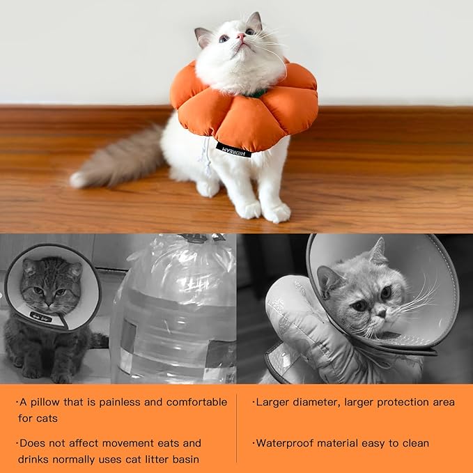 Cat Cone Collar,Cute Waterproof Cat Recovery Collar,Anti-Bite Lick Wound Healing Safety Elizabethan e Collar for Cats,Orange Pumpkin Cat Halloween Costume