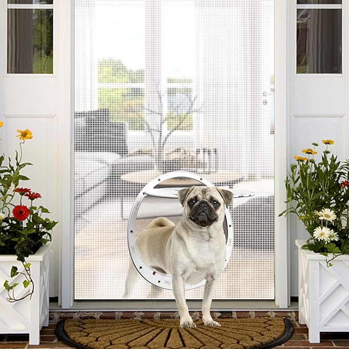 Dog Door for Screen Door, Patent Desigh Pet Screen Door with Lockable Magnetic Flap for Doggy Dog and Cat Door, White