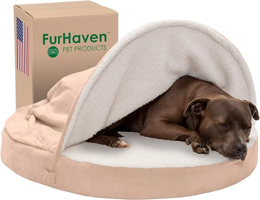 Furhaven 35" Round Cooling Gel Dog Bed for Large/Medium Dogs w/ Removable Washable Cover, For Dogs Up to 50 lbs - Sherpa & Suede Snuggery - Cream, 35-inch