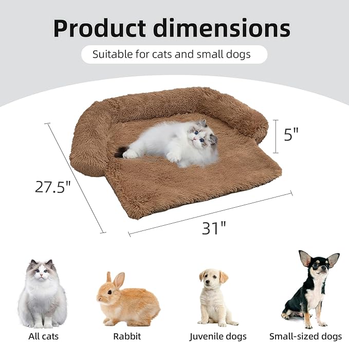 Calming Dog Bed Fluffy Plush Dog Mat for Furniture Protector with Removable Washable Cover for Large Medium Small Dogs and Cats (XS(31“x27.5”x5), Light Brown)