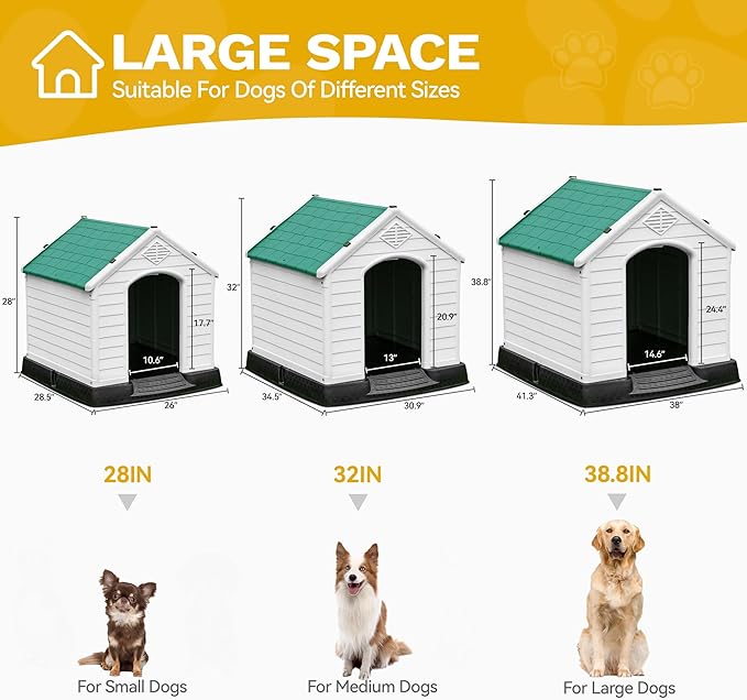 DWVO Large Plastic Dog House, Weatherproof Outdoor/Indoor Doghouse, Puppy Kennel with Air Vents and Elevated Floor, 41.3''L*38''W*38.8''H, Green