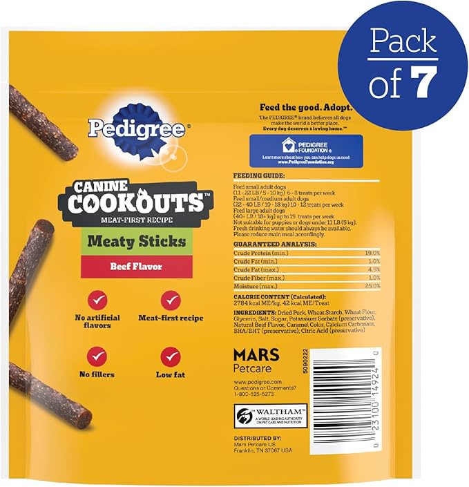 Pedigree Canine Cookout Soft Dog Treats, Beef Flavored Meaty Sticks, 5.36 oz. Bag, Pack of 7