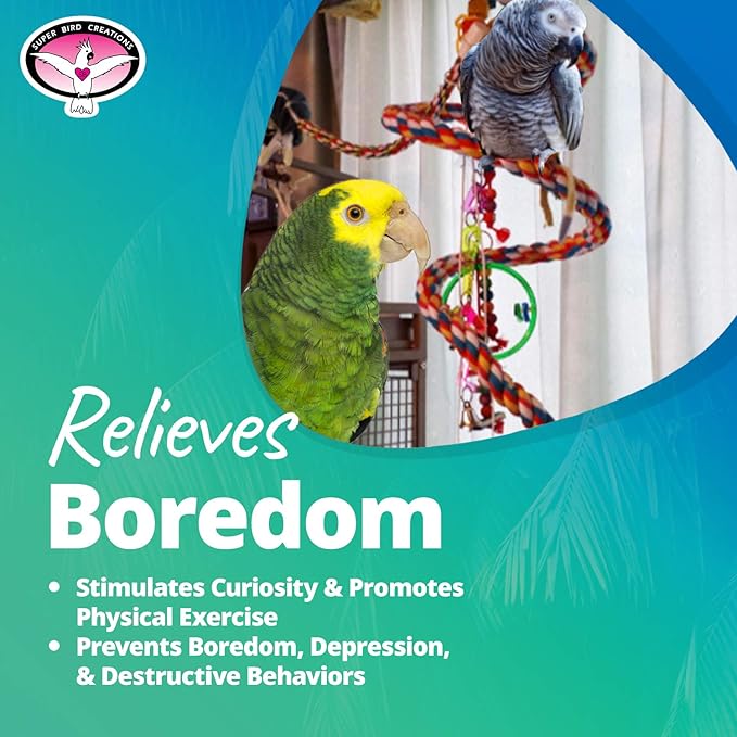 Super Bird Creations - SB325 Large Bungee Bird Toy - Rope Perch for African Greys, Eclectus, Small Cockatoos, Amazons - Colorful Hanging Perch - Enriching Bungee Toy for Large Birds & in Bird Cages