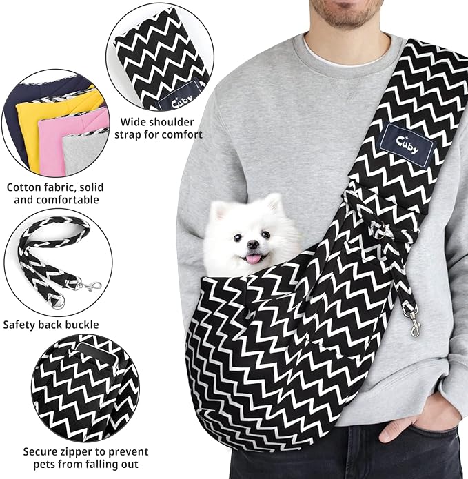 CUBY Dog and Cat Sling Carrier - Hands Free Reversible Pet Papoose Bag - Soft Pouch and Tote Design - Suitable for Puppy, Small Dogs Cats Outdoor (Black Stripe, Unadjustable Strap)…