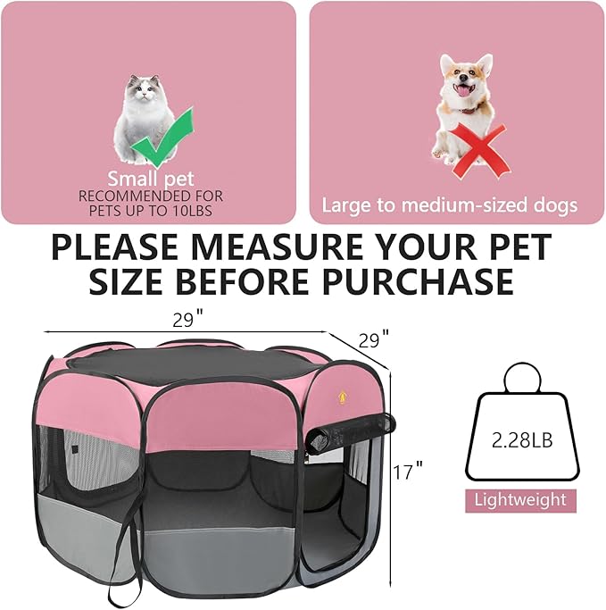 Pet Dog Playpen, 45" Large Puppy Play Pen Tent Crates Cage for Indoor/Outdoor, Portable Playpen for Dog Cat, Foldable Pop Up Kennel Playpen with Waterproof Bottom Pad, Shade Top Cover. Pink