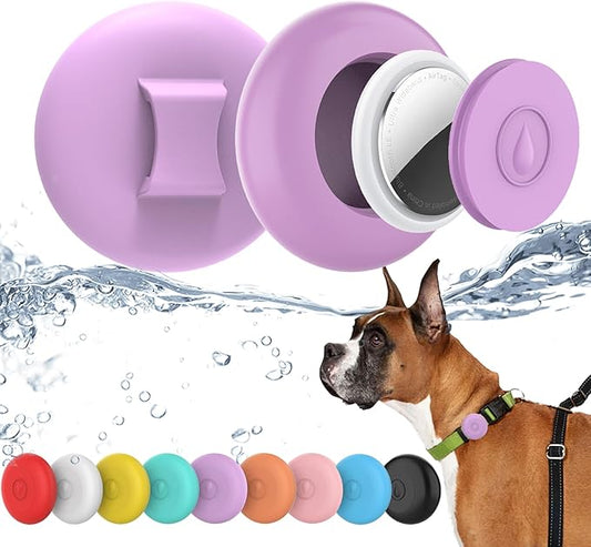 IPX8 Waterproof AirTag Dog Collar Holder, Hidden Air Tag Case for Cat Collar, Anti-Lost Silicone Cover for AirTag GPS Tracker Compatible with Pets Loop, Fits All Width Collars(Purple S)