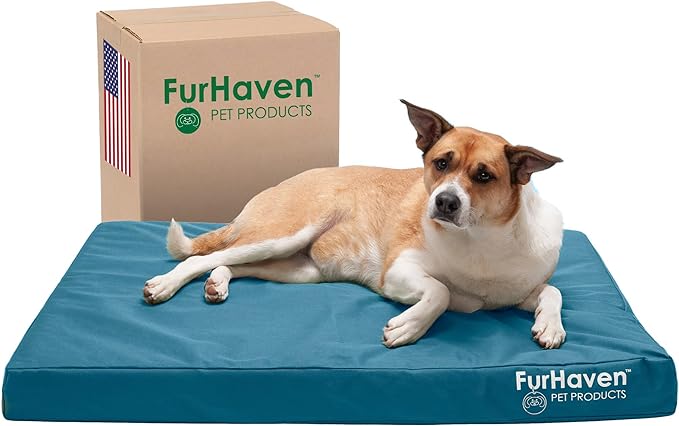 Furhaven Water-Resistant Cooling Gel Dog Bed for Large/Medium Dogs w/ Removable Washable Cover, For Dogs Up to 55 lbs - Indoor/Outdoor Logo Print Oxford Polycanvas Mattress - Deep Lagoon, Large