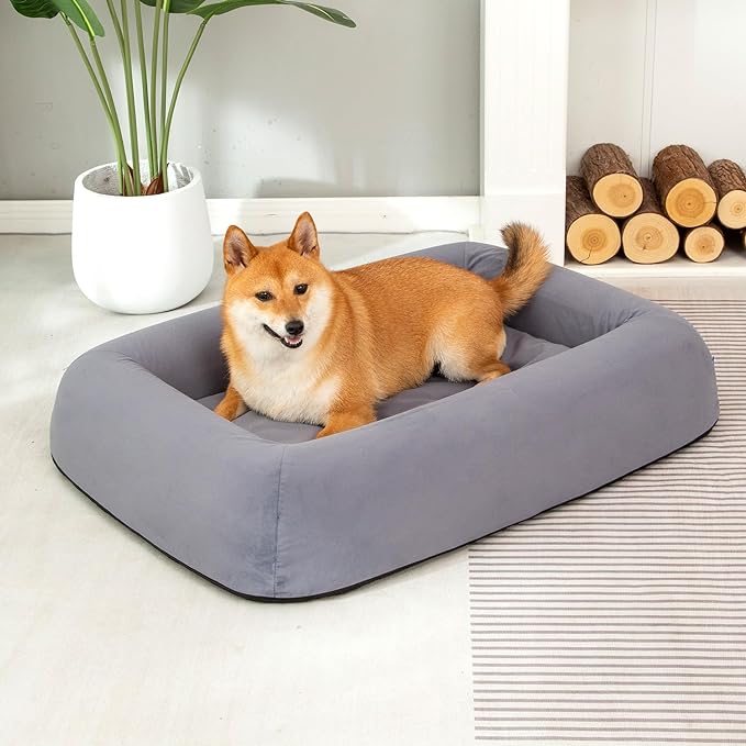 Orthopedic Dog Bed for Large Dogs Waterproof Pet Bed Soft Sofa with Two Fabrics Washable Removable Cover Egg Foam Support Anti-Slip Bottom Extra Head and Neck Support Sleeper,L Grey