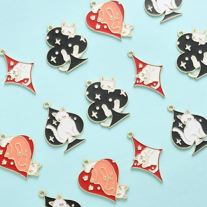 KitBeads 20pcs Enamel Cat Charms Mixed Colors Poker Kitten Charms Cartoon Pet Kitten Spade Diamond Club Heart Poker Charms for Jewelry Making