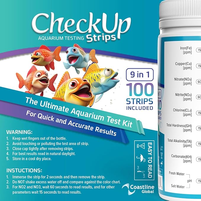 CheckUp Aquarium Test Strips | Test Kit for Freshwater, Saltwater, Pond, Fish Tank | 9 Parameters Test for Iron, Copper, Nitrite, Nitrate, Chlorine, Hardness, pH, Alkalinity and Carbonate | 100 Strips