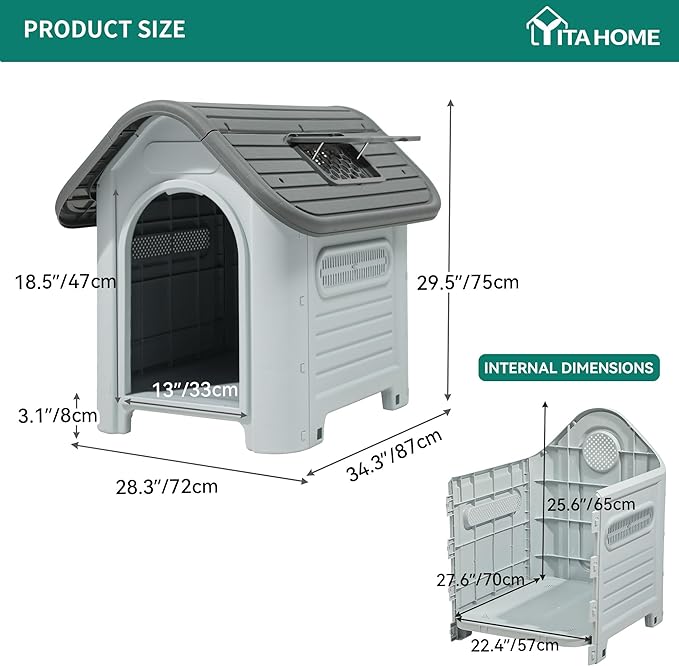 YITAHOME 34.3'' Large Dog House Outdoor Plastic Doghouse Water Resistant Pet House with Adjustable Skylight and Elevated Base for Small, Medium Dogs (34.3''L*28.3''W*29.5''H)