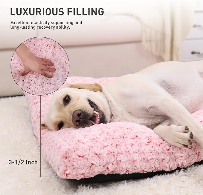 KSIIA Washable Dog Bed Deluxe Plush Dog Crate Beds Fulffy Comfy Kennel Pad Anti-Slip Pet Sleeping Mat for Large, Jumbo, Medium, Small Dogs Breeds, 35" x 23", Pink