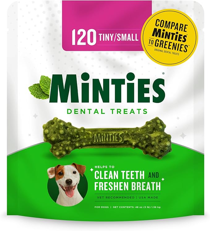 Minties Dental Chews for Dogs, 120 Count, Vet-Recommended Mint-Flavored Dental Treats for Tiny/Small Dogs 5-24 lbs, Dental Bones Clean Teeth, Fight Bad Breath, and Removes Plaque and Tartar