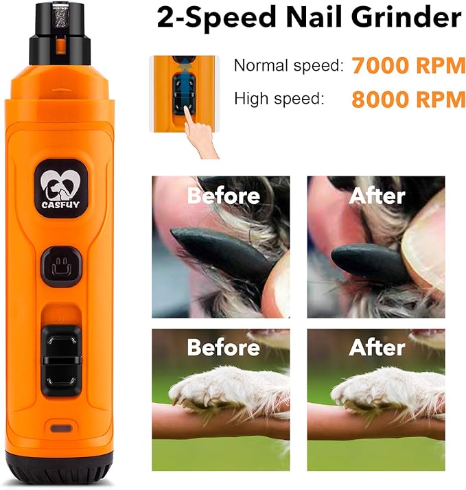 Casfuy Dog Nail Grinder with 2 LED Light - New Version 2-Speed Powerful Electric Pet Nail Trimmer Professional Quiet Painless Paws Grooming & Smoothing for Small Medium Large Dogs and Cats (Orange)