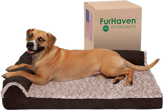 Furhaven Cooling Gel Dog Bed for Large/Medium Dogs w/ Removable Bolsters & Washable Cover, For Dogs Up to 55 lbs - Two-Tone Plush Faux Fur & Suede L Shaped Chaise - Espresso, Large