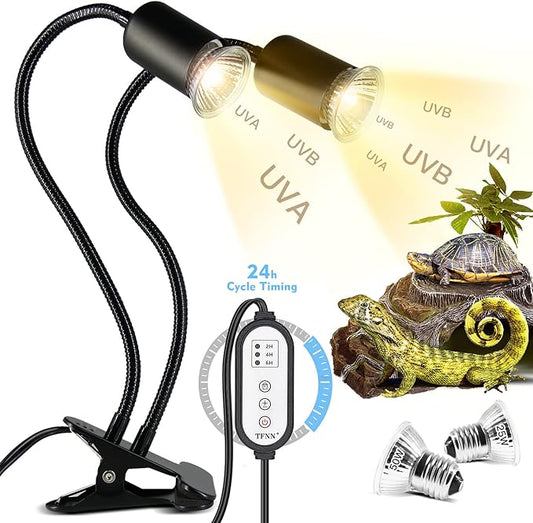 Reptile Heat Lamp, Double-Head Heat Lamp with Clamp, UVA UVB Reptile Light with Intelligent Cycle Timer for Turtle, Bearded Dragon, Lizard and More, 2 Bulbs 25W+50W