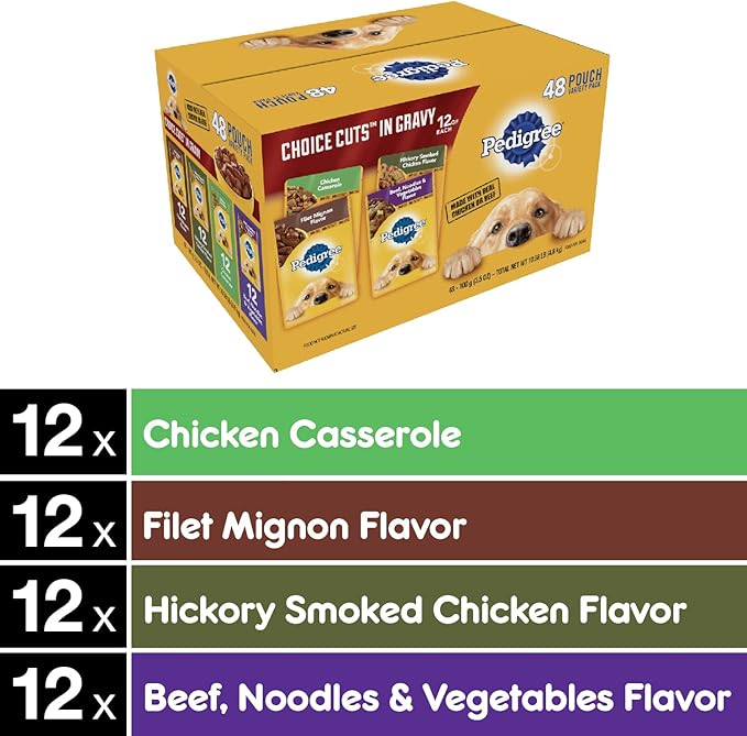 Pedigree Choice CUTS in Gravy Adult Soft Wet Dog Food, 48 Pouch Variety Pack, 3.5 oz. Pouches