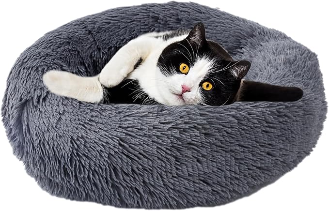 Aurako Cat Bed Dog Bed Round Cushion Pet Bed Mat Ultra Soft Plush Donut Sofa Comfortable Pillow Machine Washable Pet Cuddle Beds for Kitten Small Medium Large Dogs Cats 20" Dark Gray