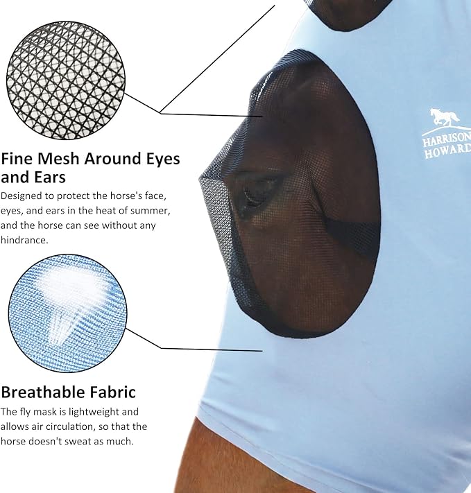 Harrison Howard Super Comfort Stretchy Fly Mask Large Eye Space with UV Protection Soft on Skin with Breathability ICY Blue XL Extra Full Size