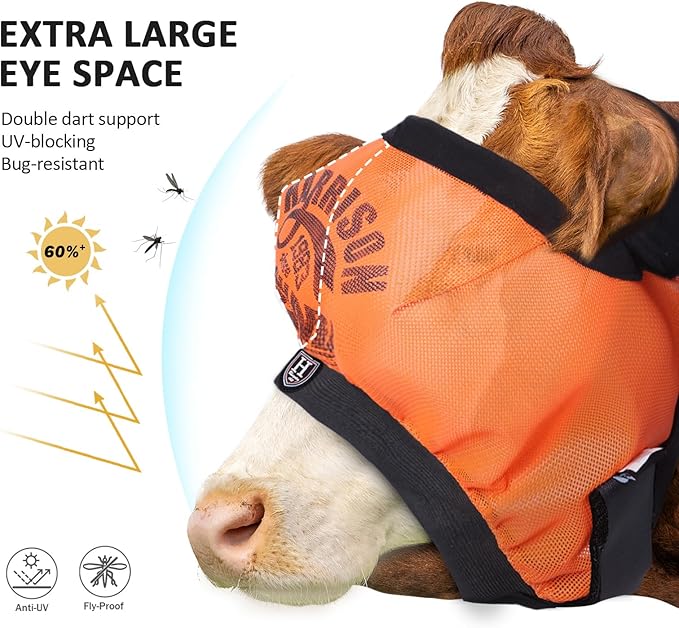 Harrison Howard Cattle Livestock Fly Mask Breathable Mesh Padded Edging with Fun Patterns Large Spacing Forelock Opening Design Adjustable Fit for Cattle Orange