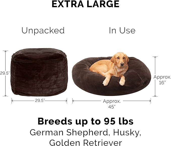 Furhaven Soft & Cozy Dog Bed for Large Dogs, Refillable w/ Removable Washable Cover & Liner, For Dogs Up to 95 lbs - Plush Faux Fur Bean Bag Style Ball Bed - Espresso, XL/Jumbo