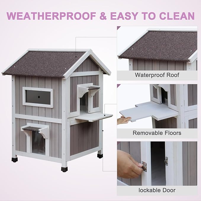 HiCaptain Outdoor Cat House for Feral Cats, Weatherproof Outside Cat Shelter Wooden 2 Story Large Kitty House with Escape Door-Grey