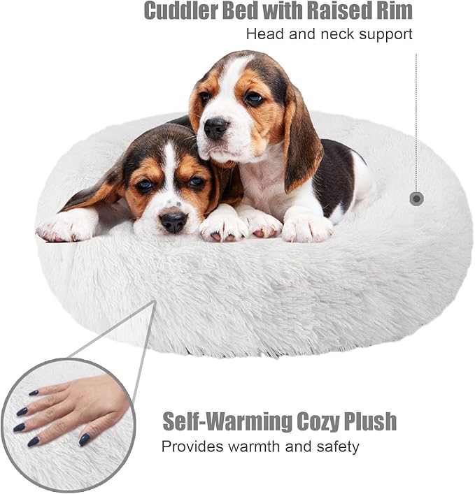 Aurako Cat Bed Dog Bed Round Cushion Pet Bed Mat Ultra Soft Plush Donut Sofa Comfortable Pillow Machine Washable Pet Cuddle Beds for Kitten Small Medium Large Dogs Cats 28" Milky White