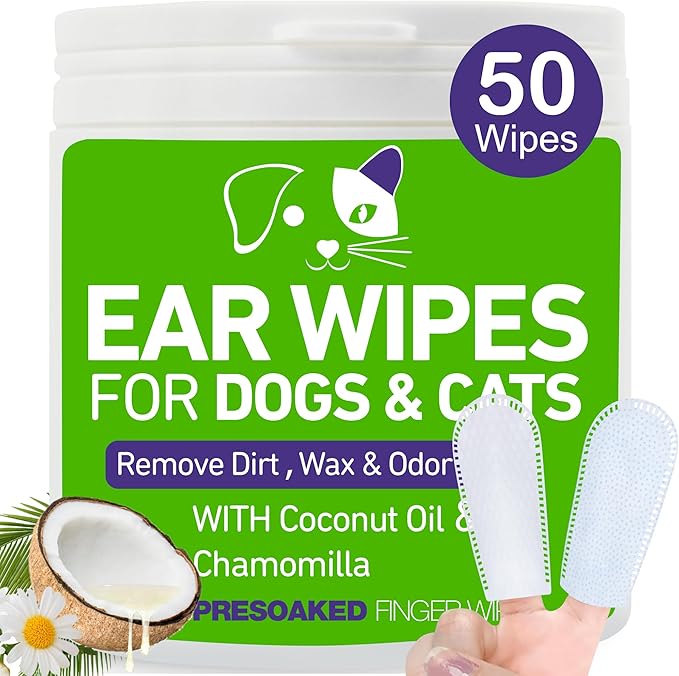 Pet Ear Wipes for Dogs and Cats - Dog Ear Cleaner Wipes, Cleaning and Deodorizing - Remove Debris & Wax, Improve Ear Itching, and Infections - 50 Count Finger Wipes