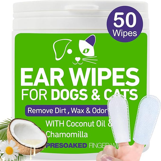 Pet Ear Wipes for Dogs and Cats - Dog Ear Cleaner Wipes, Cleaning and Deodorizing - Remove Debris & Wax, Improve Ear Itching, and Infections - 50 Count Finger Wipes