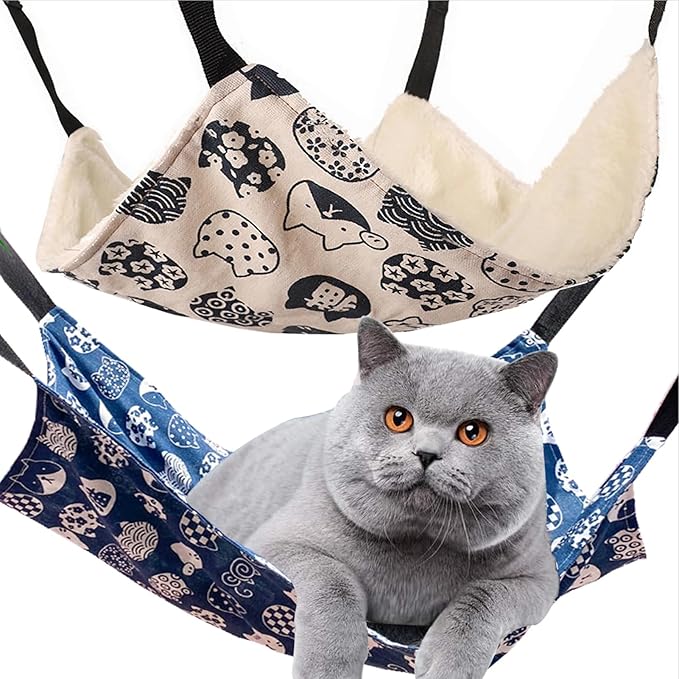 2Pack Cat Hammock for Cage Hanging,Reversible Pet Hammock Bed Adjustable,Soft Sleeping Hammock for Cats,Ferret,Puppy,Rabbits,Small Animal (M, CAT)